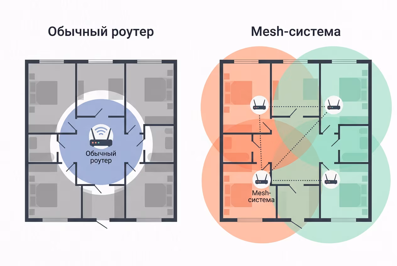 Сравнение зон покрытия роутера и Mesh-системы в квартире