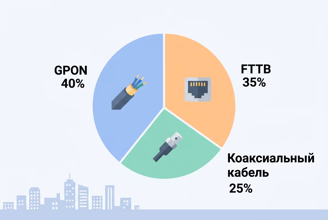 Распределение технологий GPON FTTB и коаксиал у провайдеров домашнего интернета